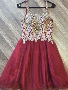 Embellished Burgundy Prom Dress with Gold Appliqué